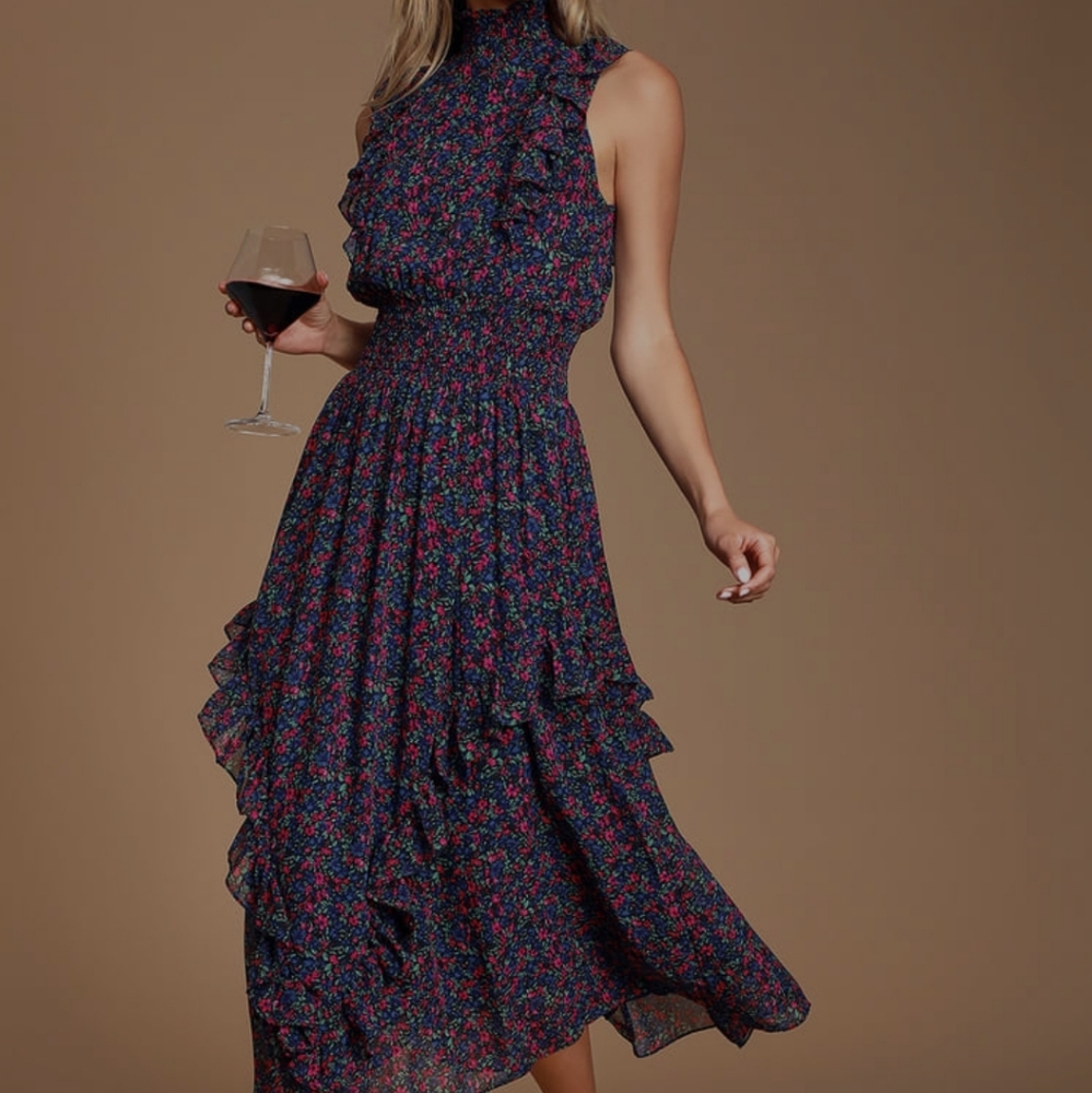 Lulus Evelina Blue Floral Print Mock Neck Midi